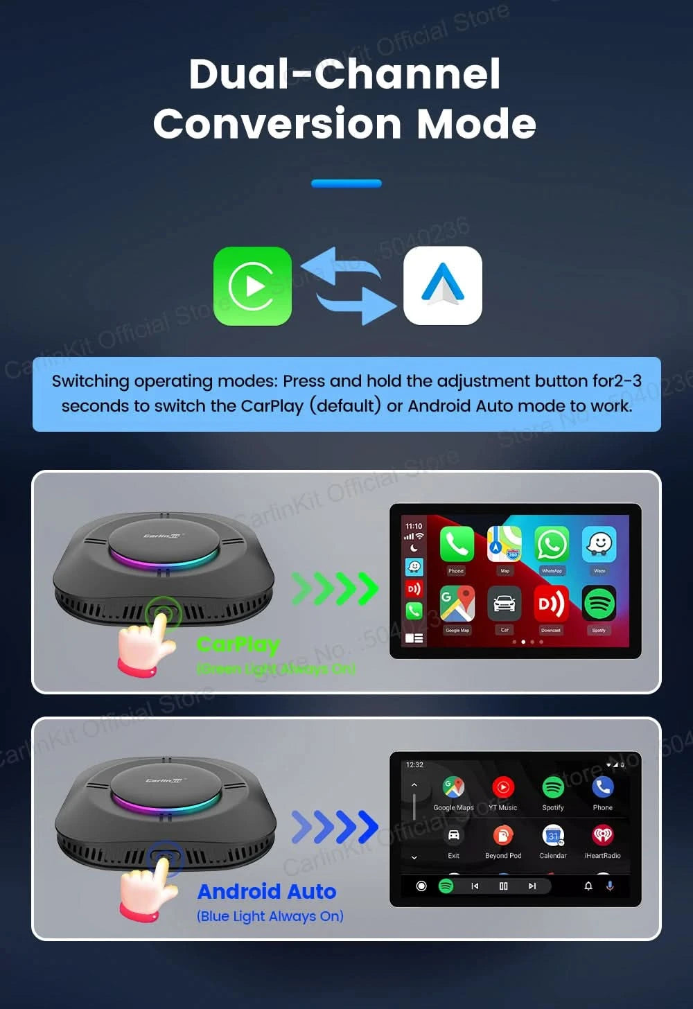 CarlinKit S2 CarPlay Ai Box LED Android 13 Streaming Box 64G/128G Qualcomm 8-Core Split Screen Smartes Fahrzeugsystem Wiedergabe von Videos
