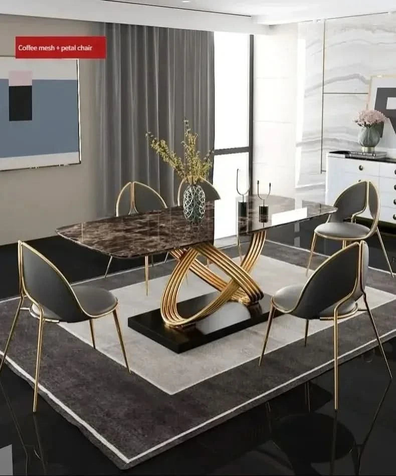 Modern Dining Table With Stainless Steel Finish Black White Desk Top For Six People Home Rectangle Luxury Marble Kitchen Table