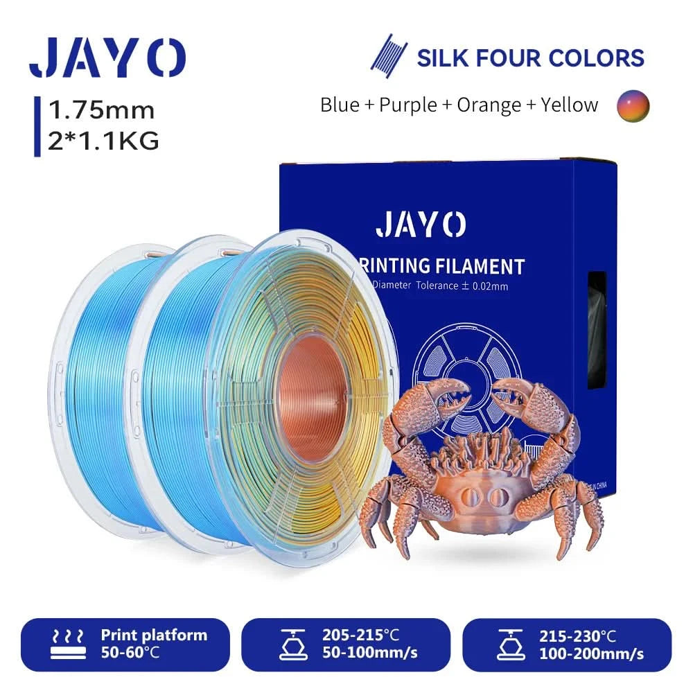 JAYO 3D Multicolor 4-Farben Seiden-PLA+-Filament-Bündel Seiden-PLA+-3D-Drucker-Filament 1,75 mm +/- 0,02 mm Glänzende Seidenstruktur 2 Rollen