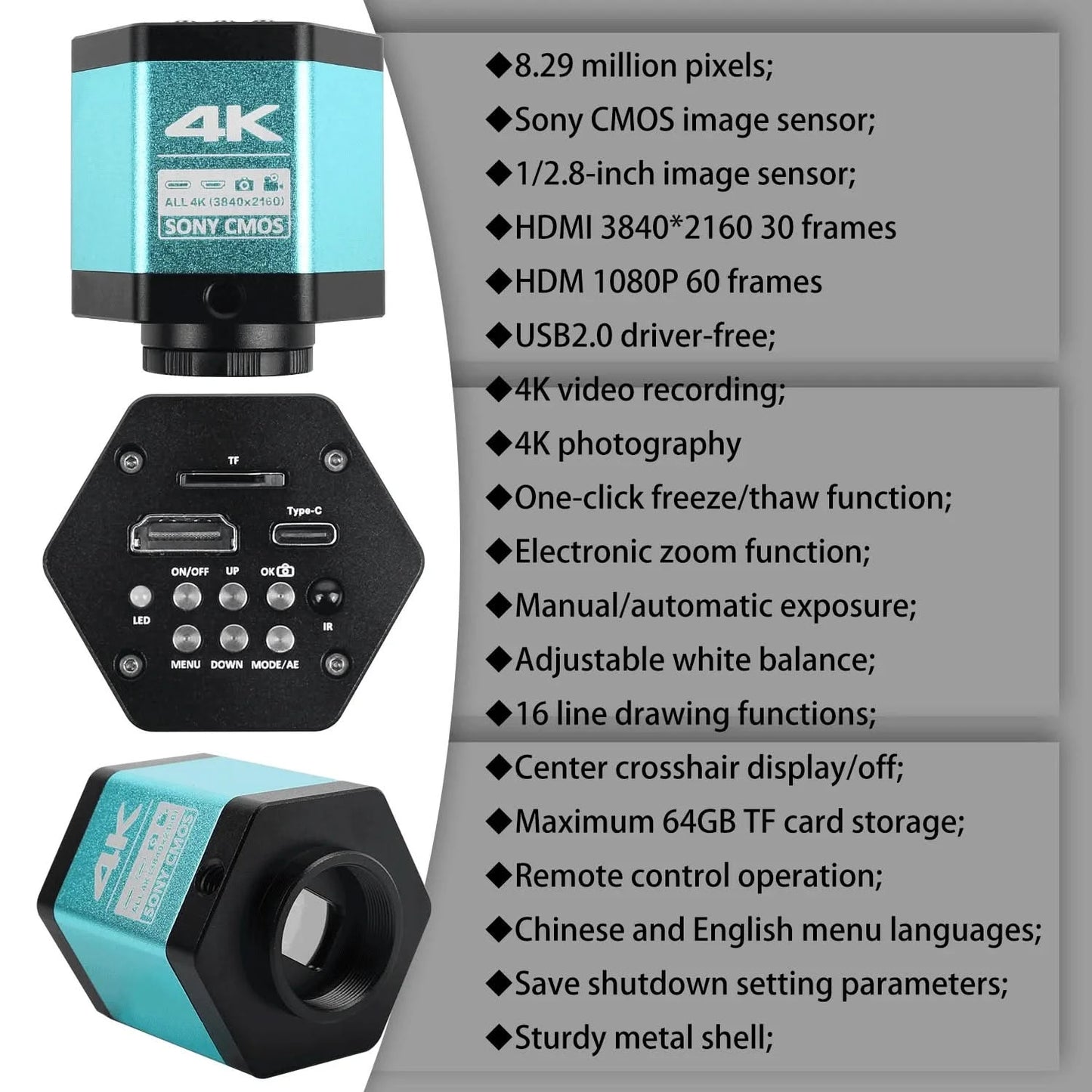 Full HD 4K Electron Microscope For Soldering IMX415 48MP HDMI USB Digital Camera 150X Lens Reinforced Bracket Reduces Vibration