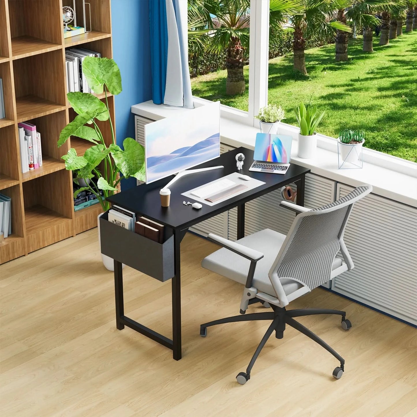 JHK Computertisch Schreibtisch Büro Gaming-Tisch Modern Einfacher Stil Kompakt mit Seitentasche Kopfhörerhaken Leichte Montage