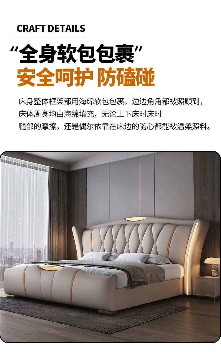 Home Leather bed with light modern minimalist lit 150x200 180x200 200x220 cm Double bed 2 people bedroom beds frames Furniture