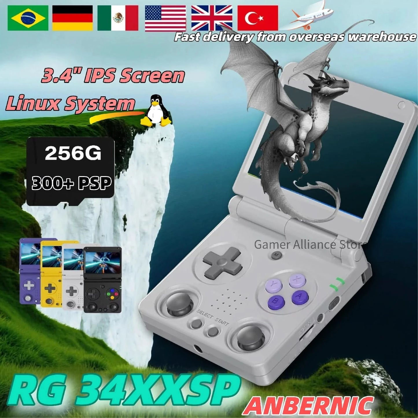 ANBERNIC RG34XXSP Klappkonsole 3,4'' IPS-Bildschirm Linux 64-bit H700 Unterstützt 5G WIFI Videospielkonsolen 256G PSP-Spiele