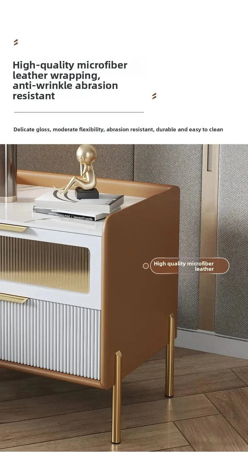 Bedside Table,Modern Light Luxury, Solid Wood Italian Simple Storage, Ultra-narrow Bed Leather Smart Side Cabinet Bedroom