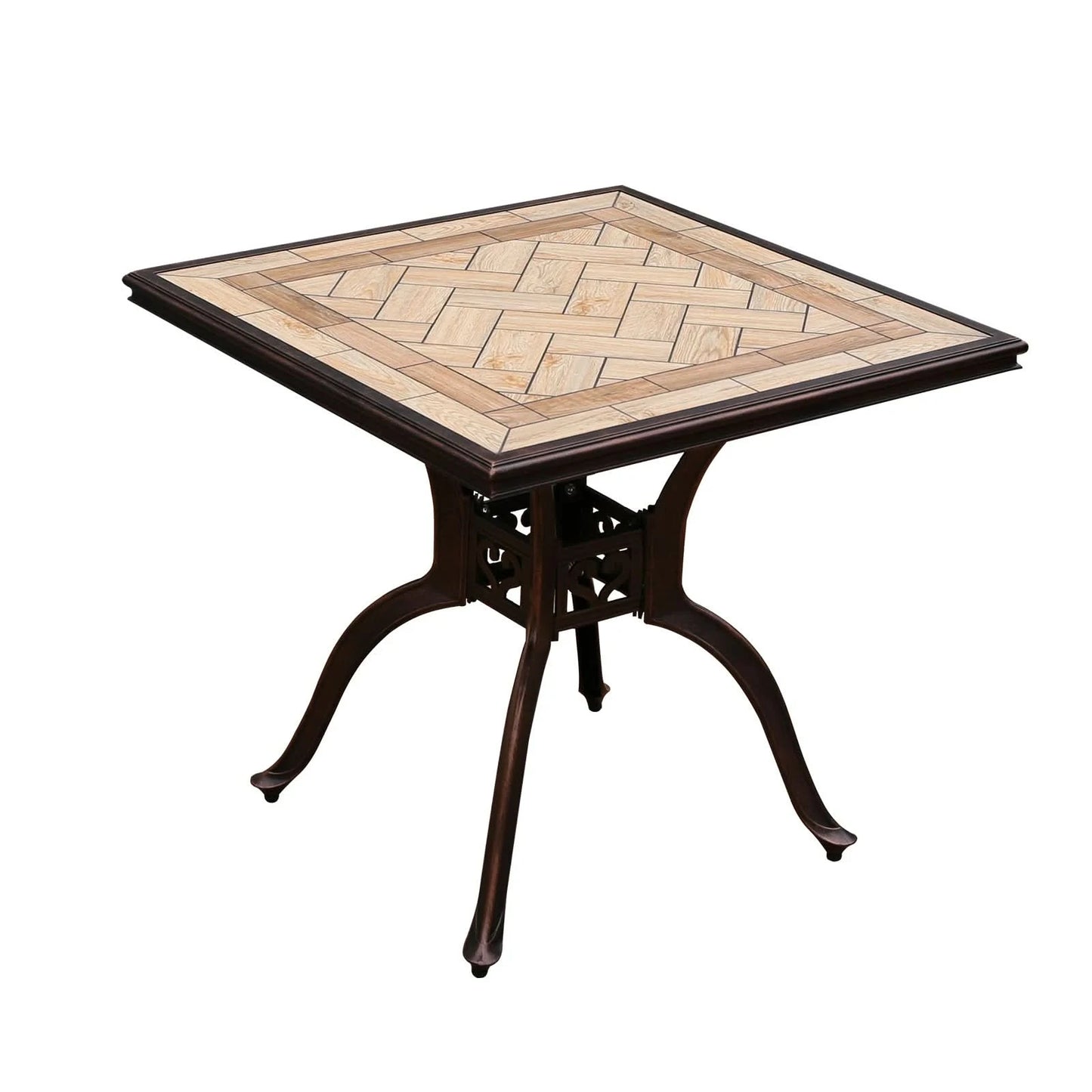 Tile Patio Table Aluminum Frame Outdoor Table Bistro Table All Weather Garden Table Faux Wood Grain Backyard Table Dining Table
