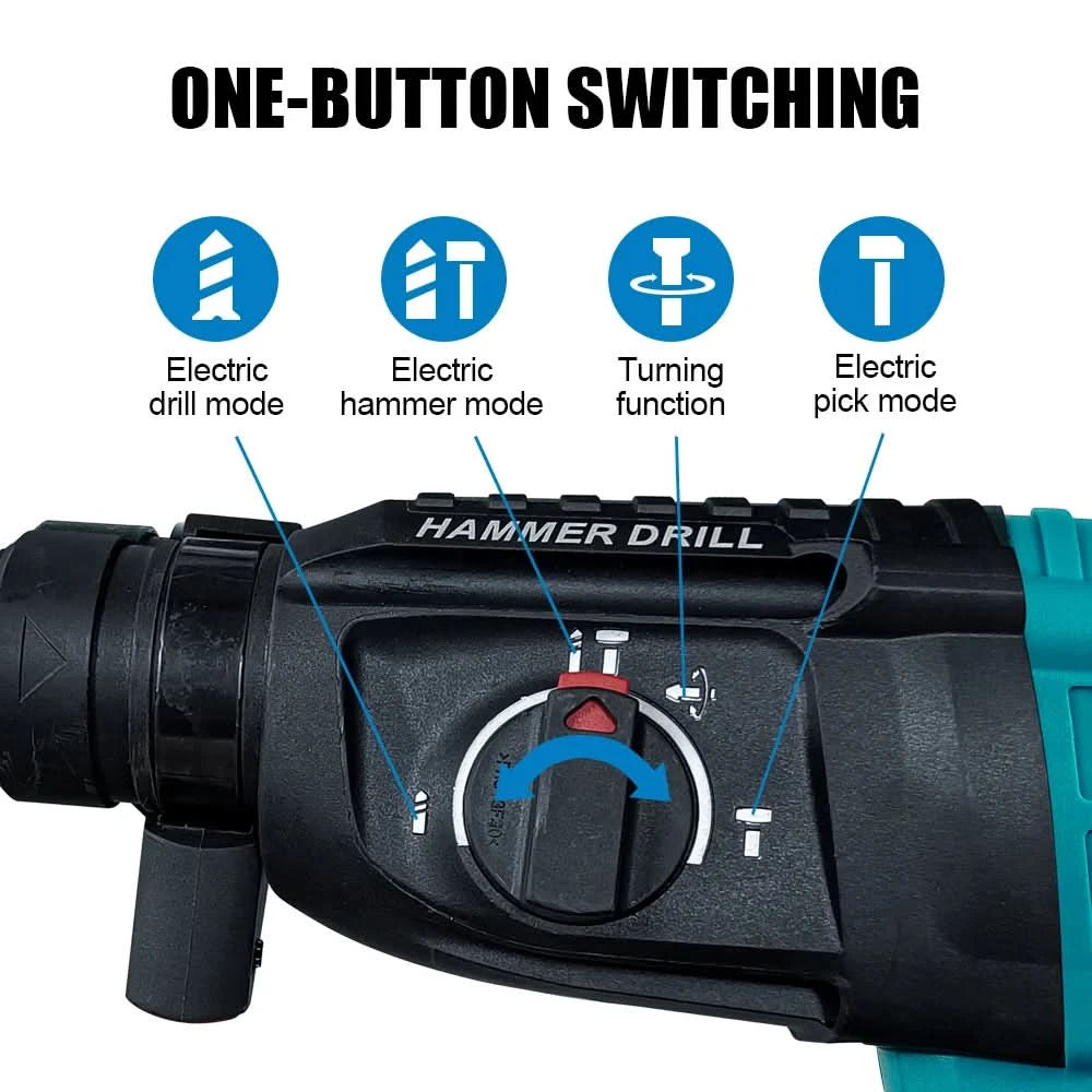 Kamolee 2000W 10600IPM Brushless Cordless Rotary Hammer Drill Rechargeable Electric Hammer Impact Drill