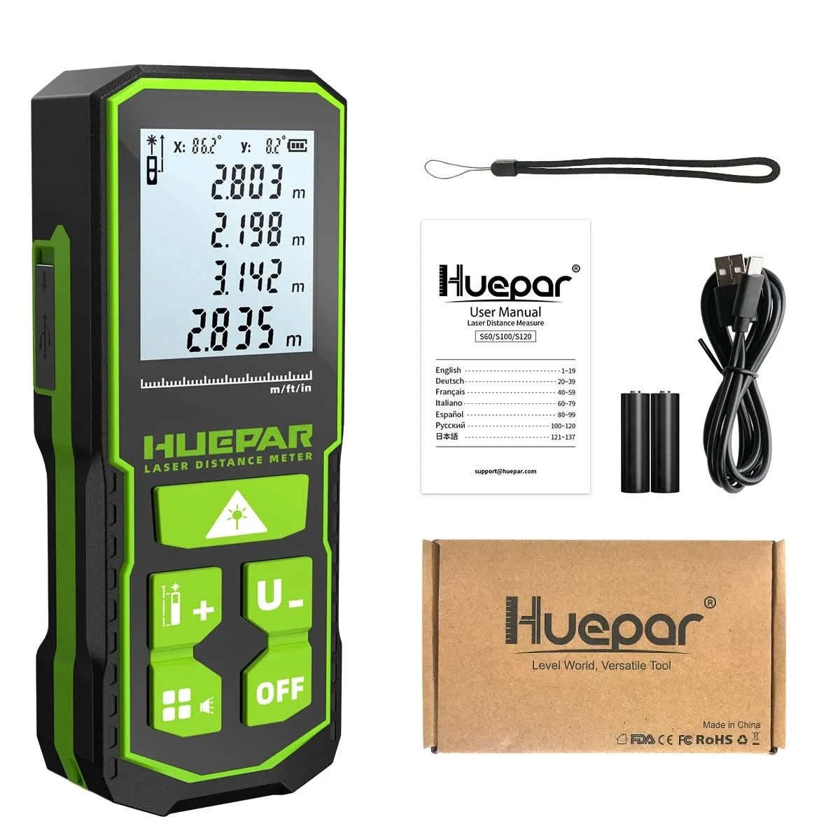 Huepar Laser-Entfernungsmesser Digitaler Laser-Distanzmesser 60M 100M 120M Messen Laserband Grüner Strahl
