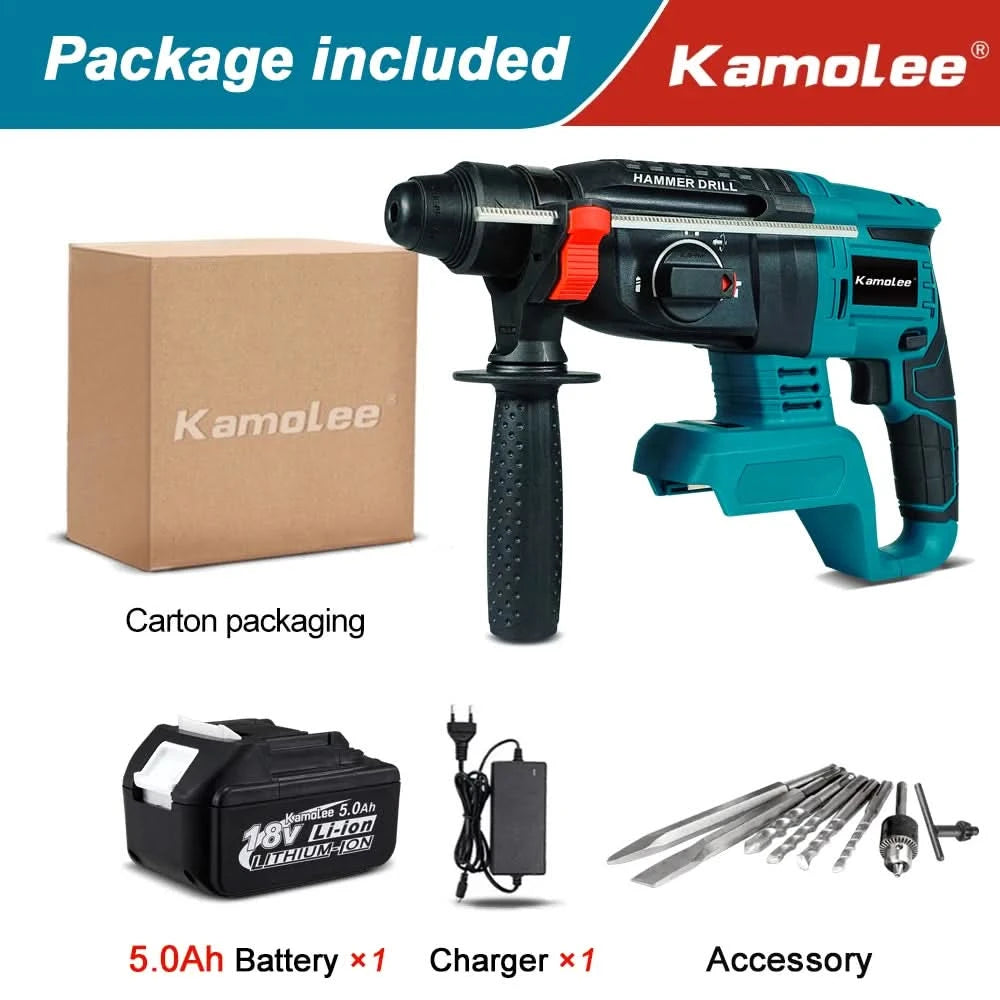 Kamolee 2000W 10600IPM Brushless Cordless Rotary Hammer Drill Rechargeable Electric Hammer Impact Drill