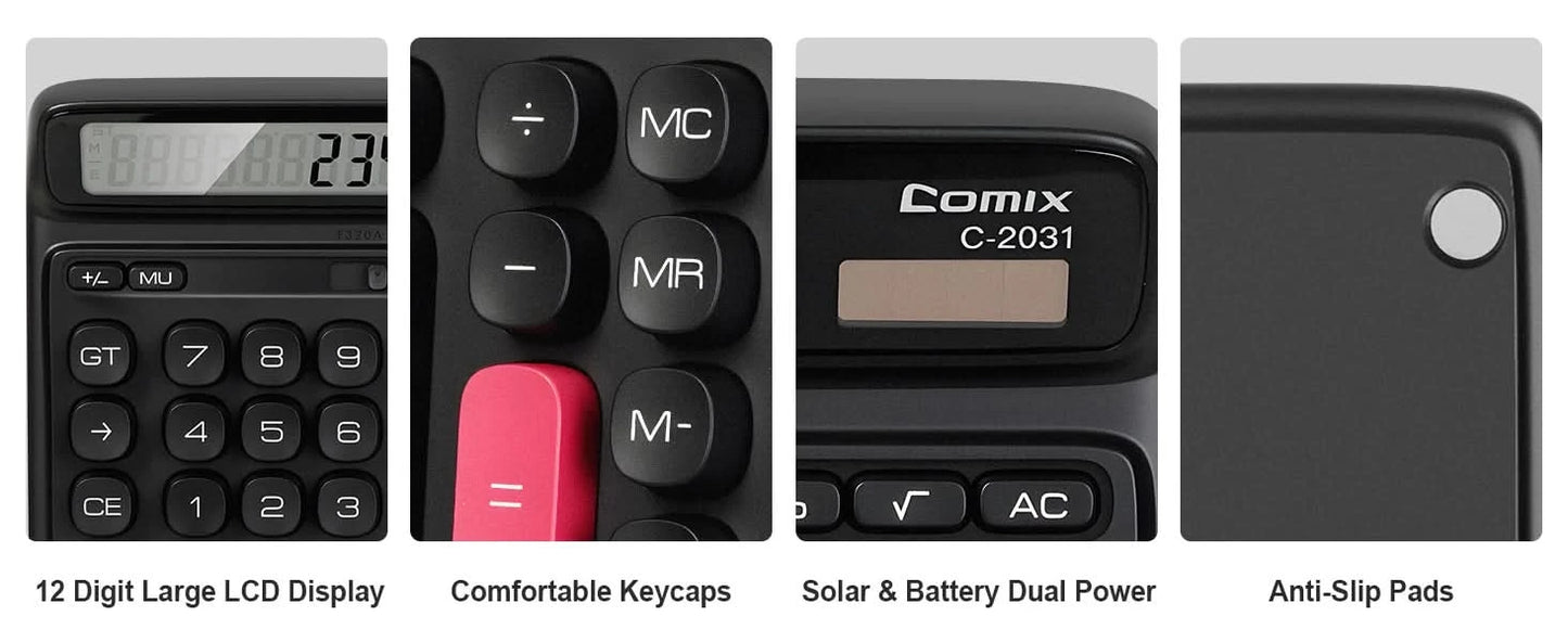 Comix Desktop Calculator, Computer Keys 12 Digit Large Display, Dual Power Black Electronic Calculator for Office Home