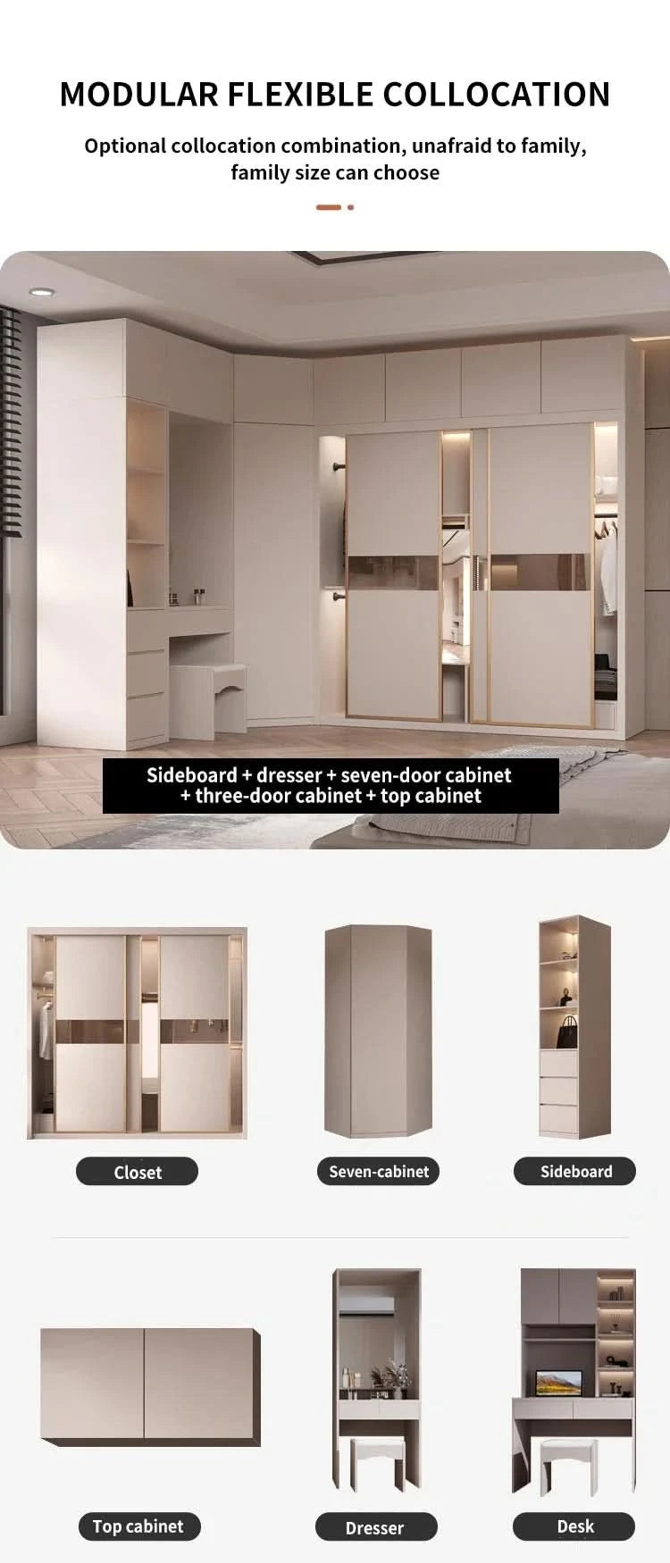 SchiebetürenschrankNordisches modernes Heim-Möbel Schlafzimmer Schreibtisch Kommode in einer Kombination Leichter Luxus-Eckkleiderschrank Möbel