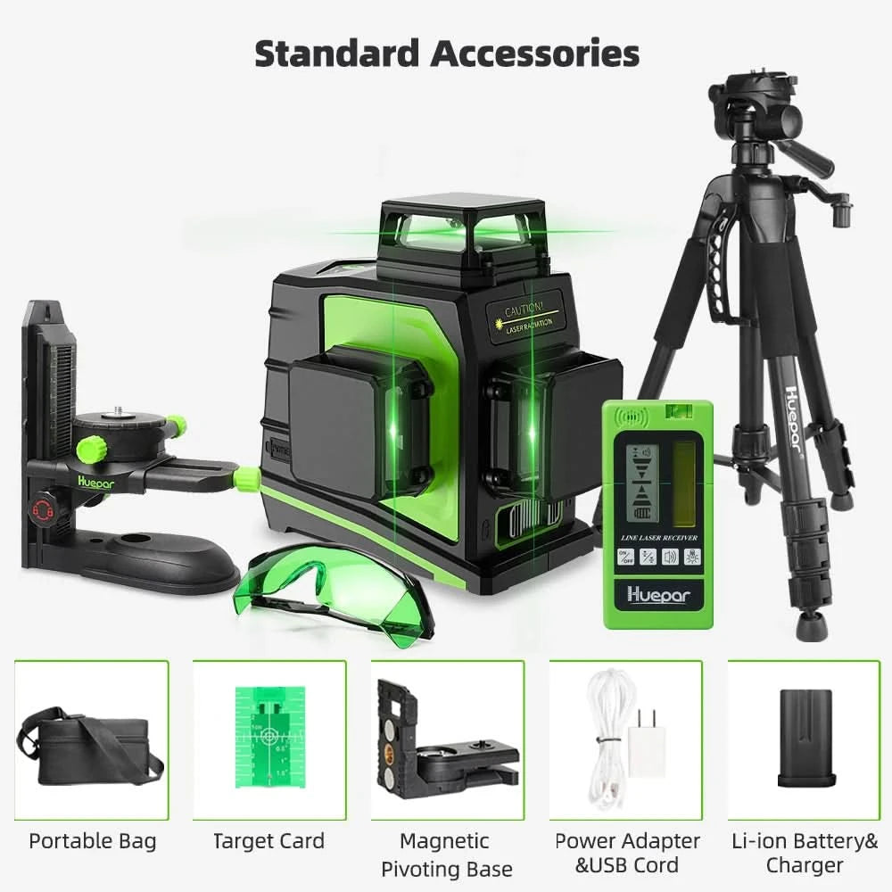 Huepar 12 Lines 3D Cross Line Laser Level Kit Osram Self-Leveling Green Beam 360° Vertical Horizontal With Laser Receiver Tripod