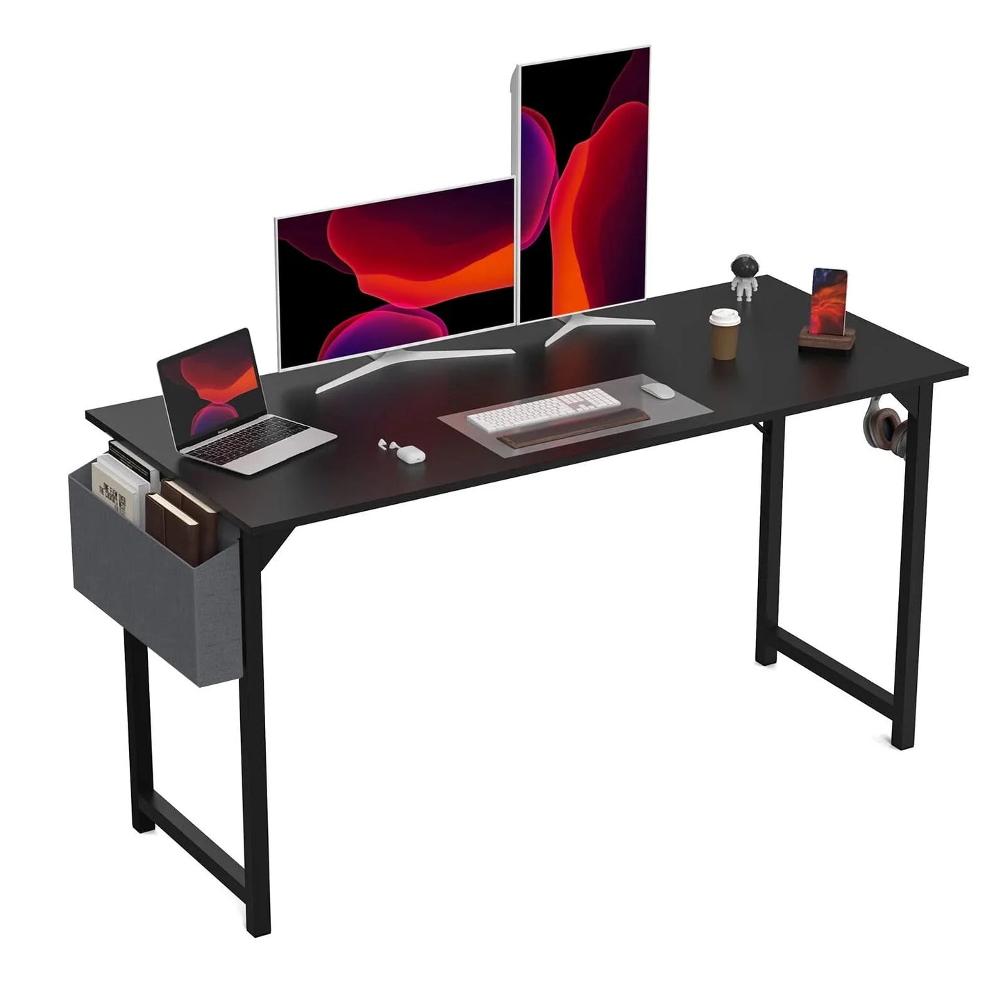 JHK Computertisch Schreibtisch Büro Gaming-Tisch Modern Einfacher Stil Kompakt mit Seitentasche Kopfhörerhaken Leichte Montage