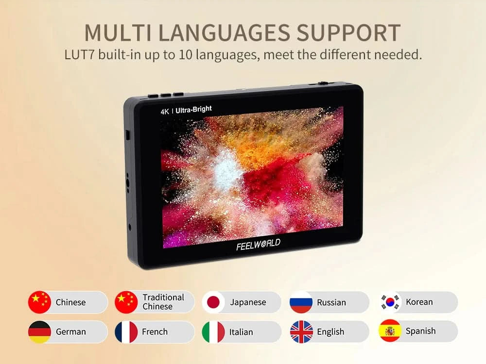 FEELWORLD LUT7 7 Zoll 2200nits Touchscreen Kameramonitor mit 3D LUT HDMI Ein- und Ausgang, Waveform, Vektorskop, Histogramm