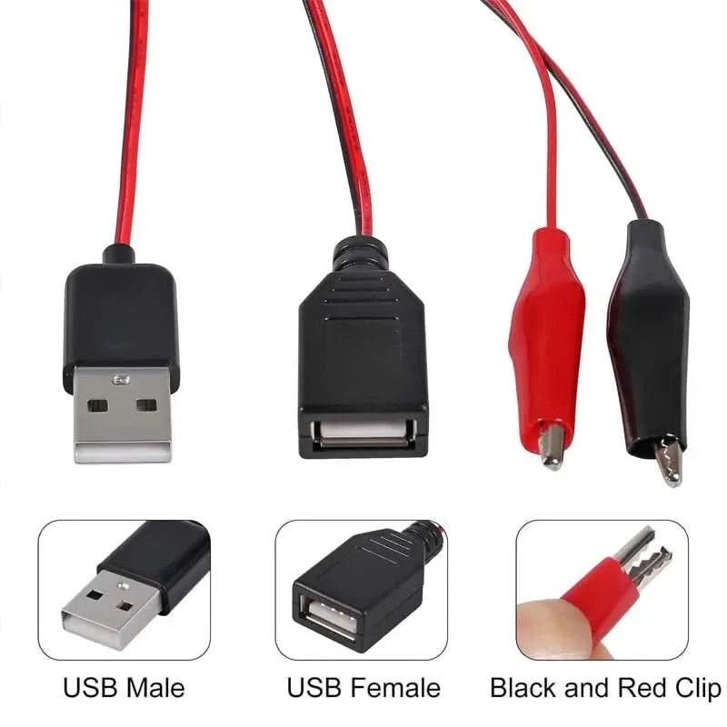 2 Stück USB-Krokodilklemmen-Adapterkabel, USB-Stecker/-Buchse auf Krokodilklemmen-Sonde, USB-Kabel mit Krokodilklemme für Schaltungstest