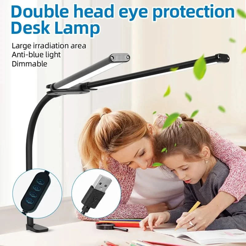 Clip Table Lamp Led Monitor Light Stand USB 3 Color Modes and 10 Dimmable Reading Lights for Study Office Double Head Desk Lamp