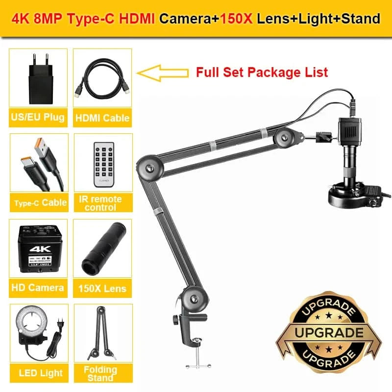 YIZHAN 4K UHD Electron Digital Microscope 1080P 60FPS Video Industrial Welding Camera 150X Lens Folding Stand for PCB Repair
