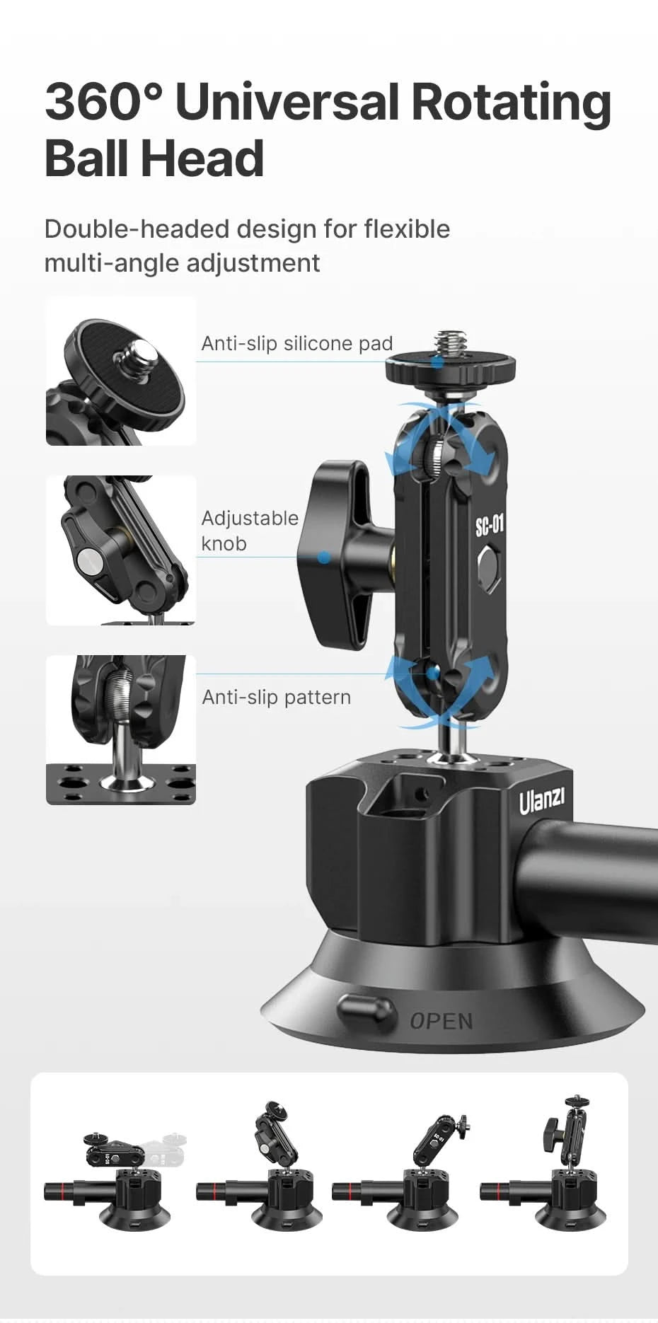 Ulanzi Auto-Handy-Action-Kamerahalterung Handpumpe Saugnapf 360° verstellbar 1/4" für GoPro für Insta360 DJI Action Smartphone
