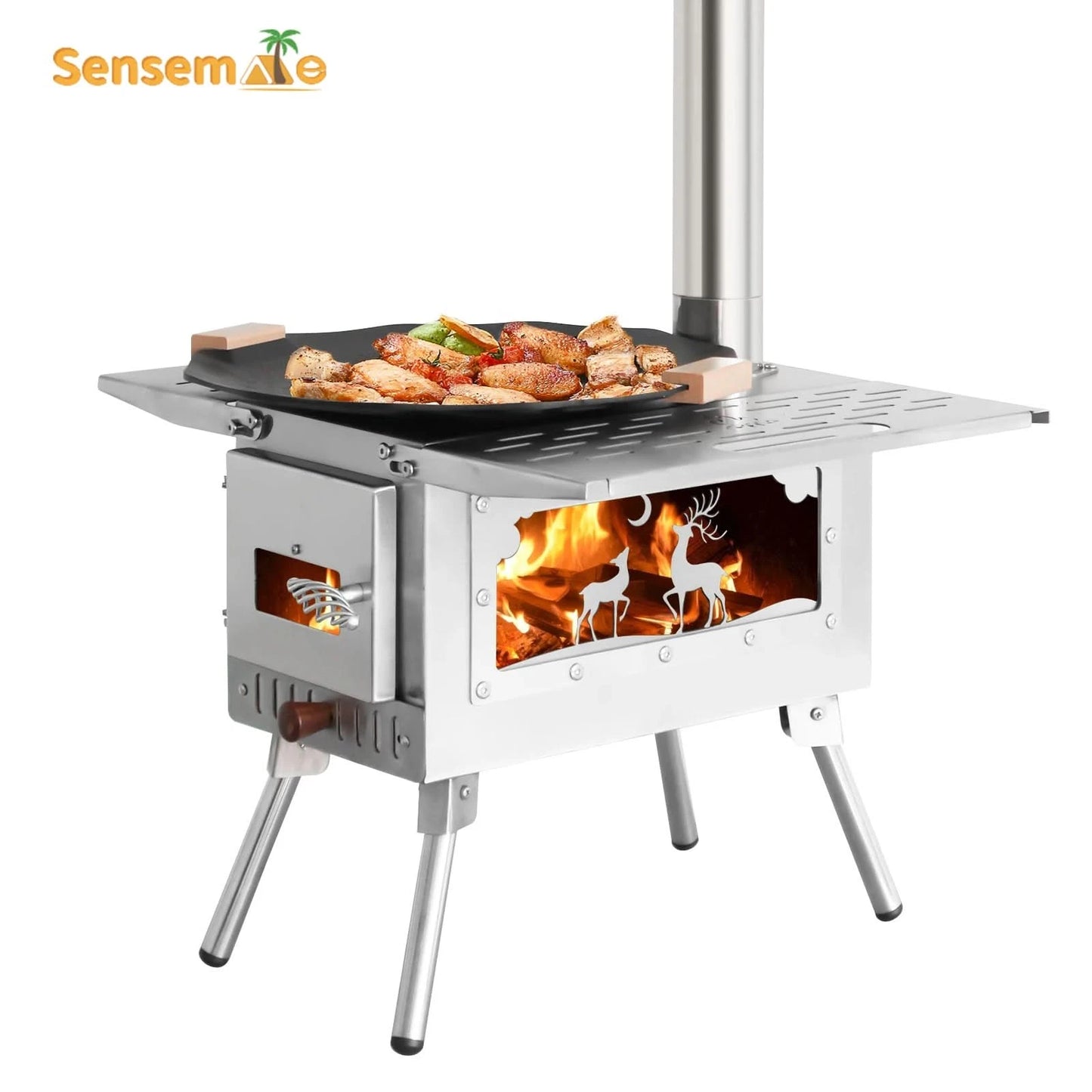 Camping Wood Stove Fire View Side Glass Portable Folding Wood Burner with Chimney Stainless Steel Tent Heater for Ice Fishing