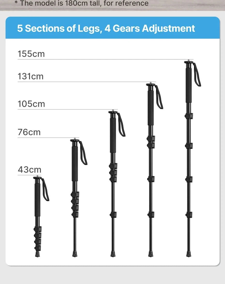 Ulanzi Leichtes Einbeinstativ Aluminium DSLR-Kamerastativ für 1/4''3/8'' Wanderungen Reisen Selfie-Stick Max. 155cm Verlängerung 5KG Belastung