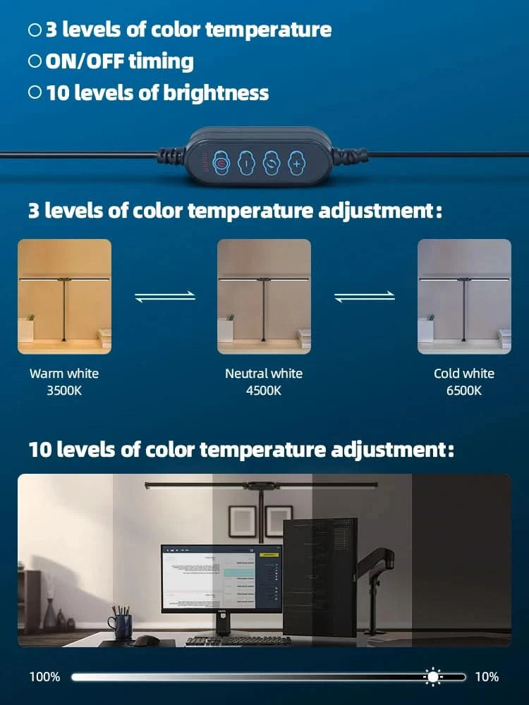 Clip Table Lamp Led Monitor Light Stand USB 3 Color Modes and 10 Dimmable Reading Lights for Study Office Double Head Desk Lamp