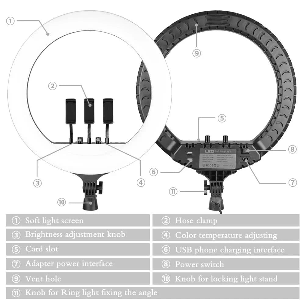SH 18 Zoll Drehknopfringlicht LED Selfie Video Lampe mit Stativ Handyhalterung für YouTube Live Beleuchtung Foto Fotostudio