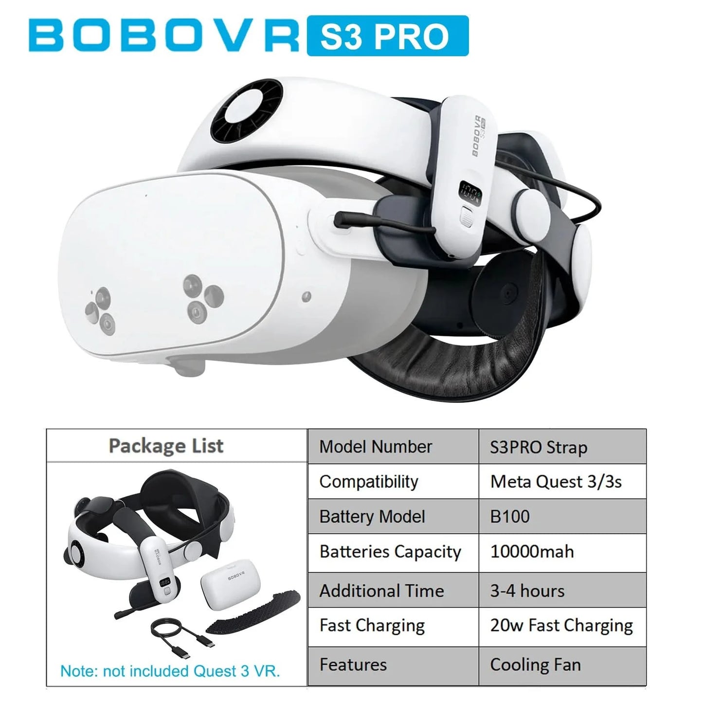 BOBOVR Head Strap kompatibel mit Meta Quest 3/Quest3S BOBOVR S3 Pro/E3PRO/M3 Pro Akku-Kopfband VR-Zubehör