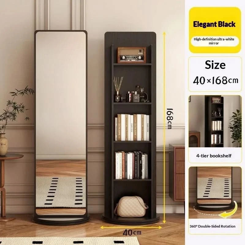 Full Length Floor Mirror Rotating Wooden Frame Bookshelf Full Body Standing Mirror Bedroom Living Room Large Luxury No Warping