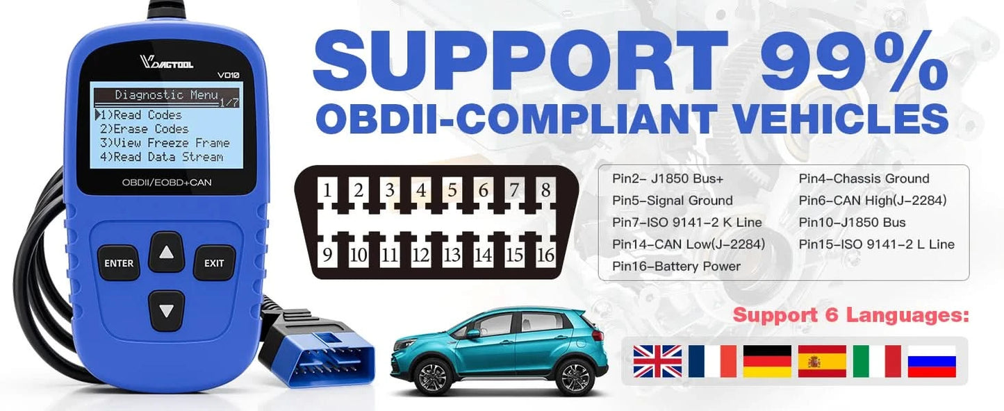 VDIAGTOOL VD10 OBD2 Diagnosegerät KFZ-Scanner mit I/M-Bereitschaftscodes, Motorprüffunktion, lebenslange kostenlose Updates
