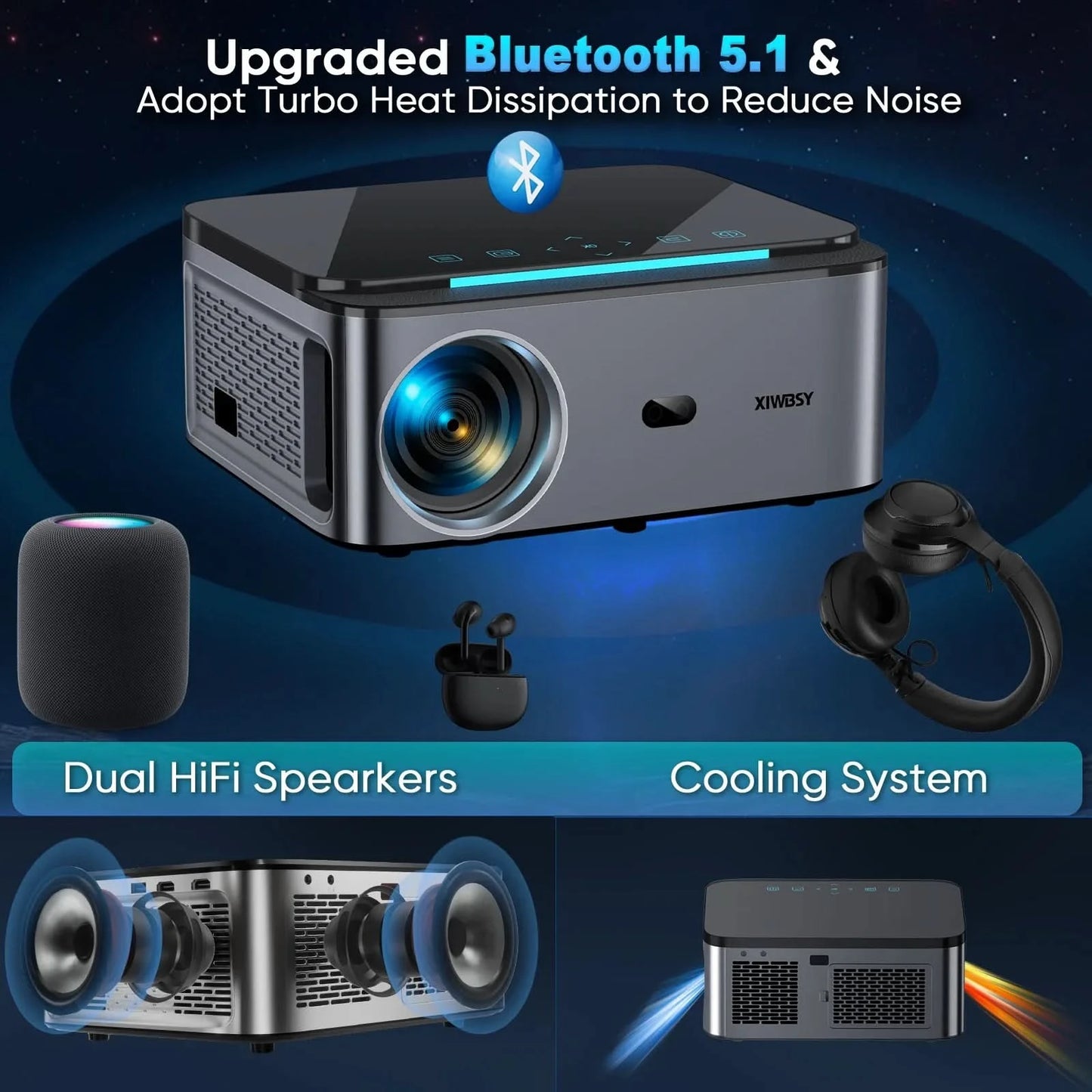 XIWBSY 1000ANSI Android Projector 25000 Lumens 4K AutoFocus/Keystone Projector Office Video Home Theater Portable Beamer Outdoor