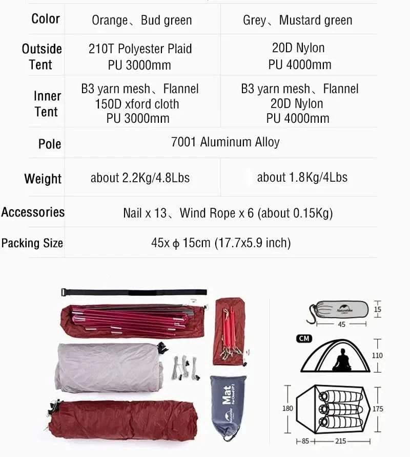 Naturehike Brazil Cloud Up 1-2-3P Camping Rucksack Outdoor Ultraleicht Wasserdichtes Zelt Camping Strandzelt