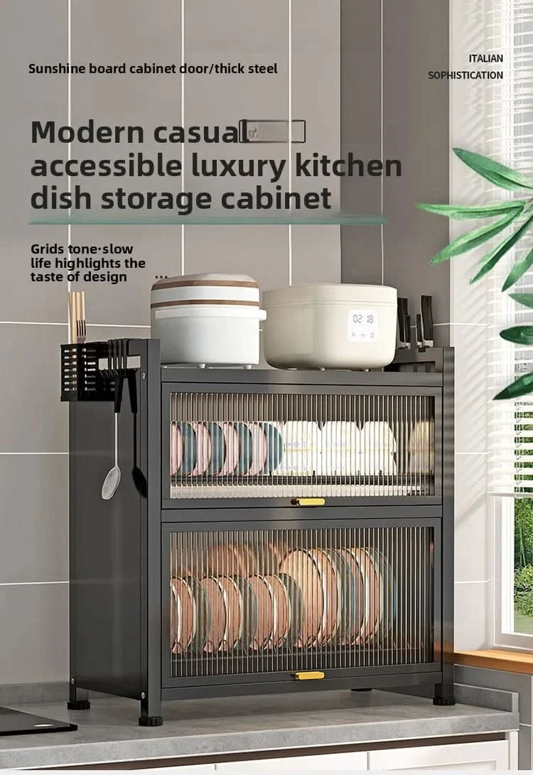 Kitchen cupboard storage box with door, dust-proof bowl rack, countertop, dish storage rack, chopsticks, dishes, drain rack