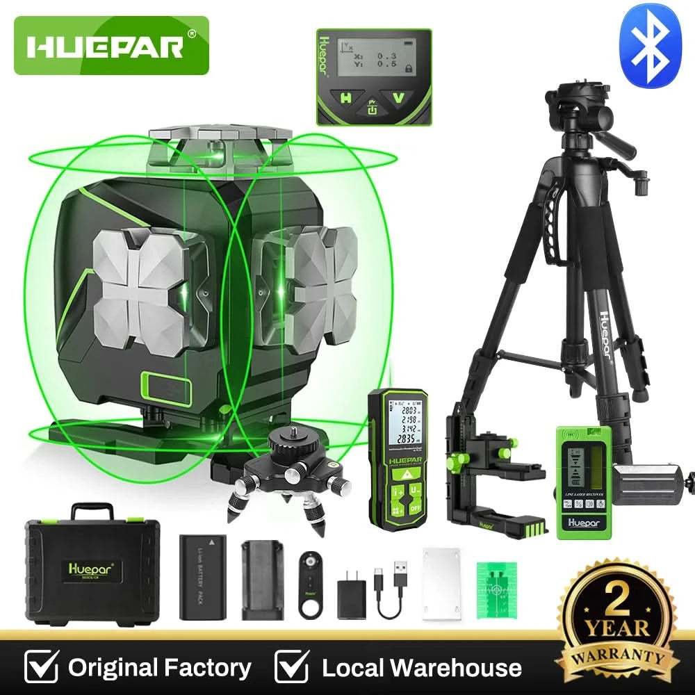 Huepar 4D 16 Lines Laser Level Self Leveling 4x360°Cross Line LCD Screen Bluetooth Remote Green Beam Tiling Floor with Receiver