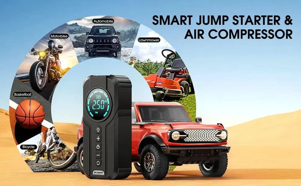 BUVAYE Auto-Multifunktions-Luftkompressor Starthilfe Luftpumpe Praktischer Reifenfüller Tragbarer Batteriestarter mit EVA-Tasche