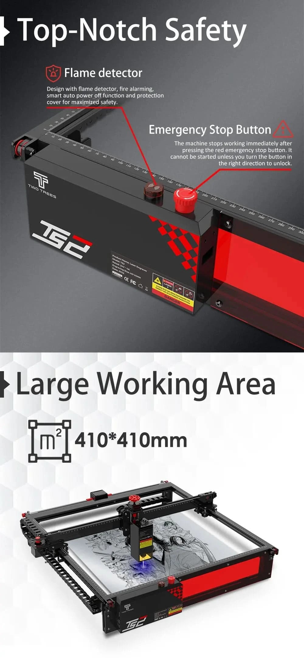 TWOTREES TS2 Metal Laser Engraving Machine 22W Laser Cutting 12mm Wood Acrylic Engraving Size 410*410mm