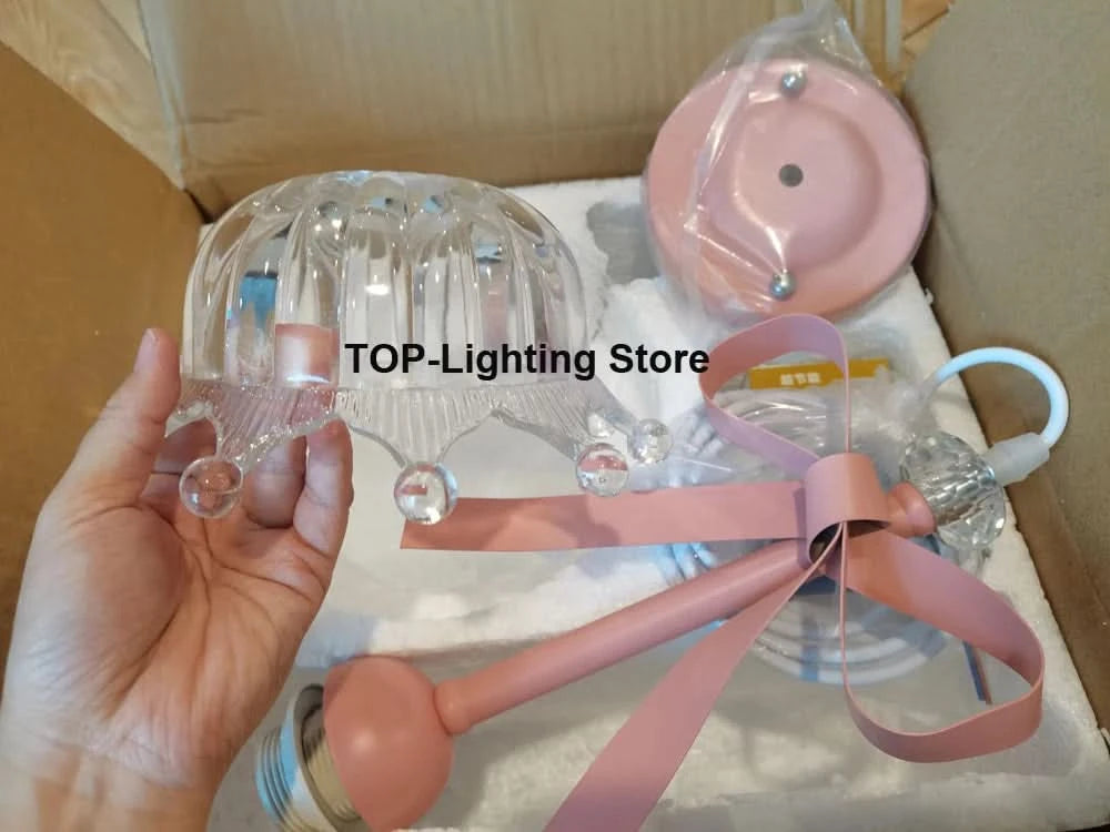 Romatic Princess Room Girl LED Pendant Lamp For Bedroom Lighting Ceramic Glass Sconces Pink Bowknot Ceiling Suspended Light
