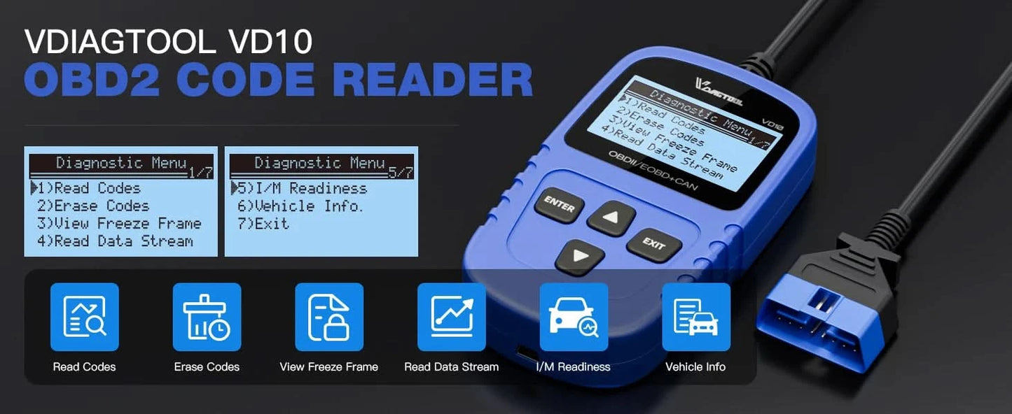 VDIAGTOOL VD10 OBD2 Diagnosegerät KFZ-Scanner mit I/M-Bereitschaftscodes, Motorprüffunktion, lebenslange kostenlose Updates