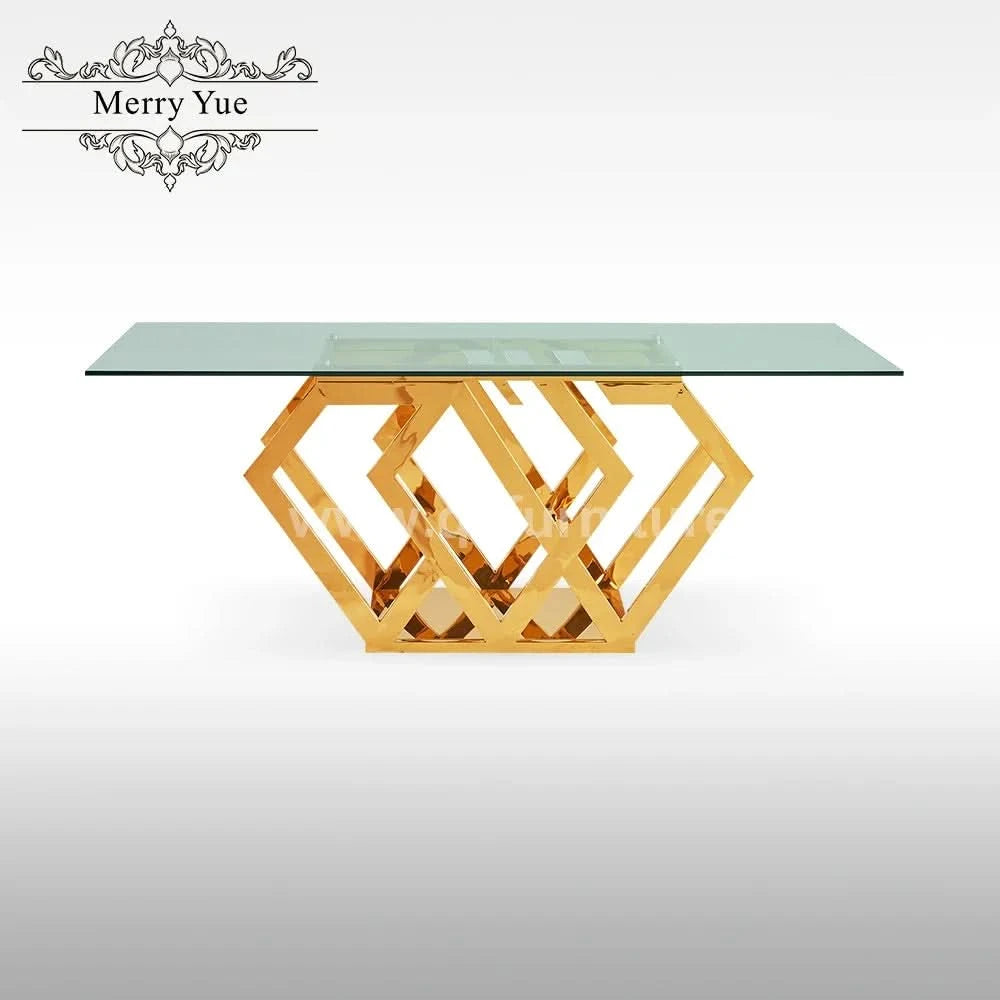 Golden stainless steel base tempered glass top modern luxury dining furniture with 8 seater dining room table