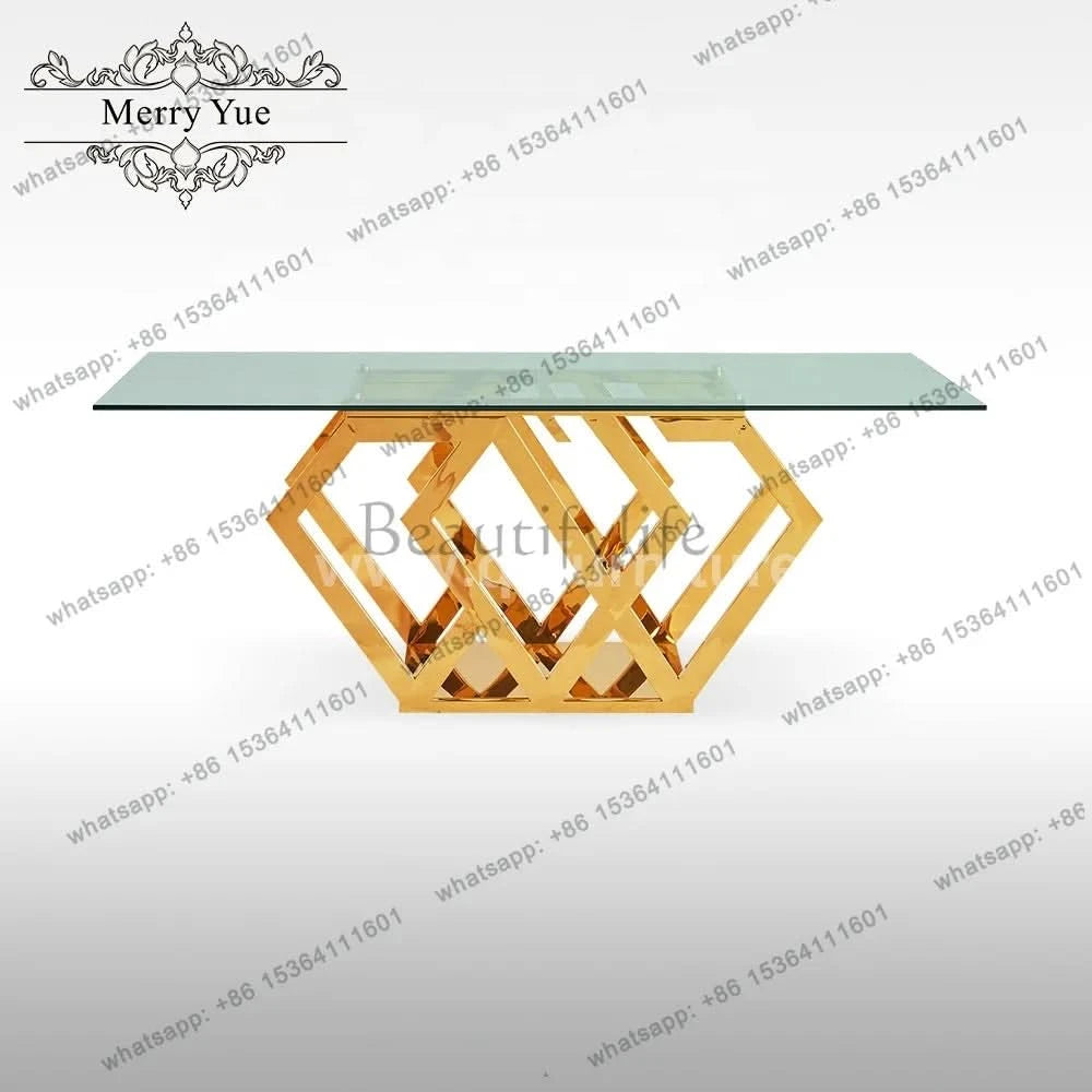Golden stainless steel base tempered glass top modern luxury dining furniture with 8 seater dining room table