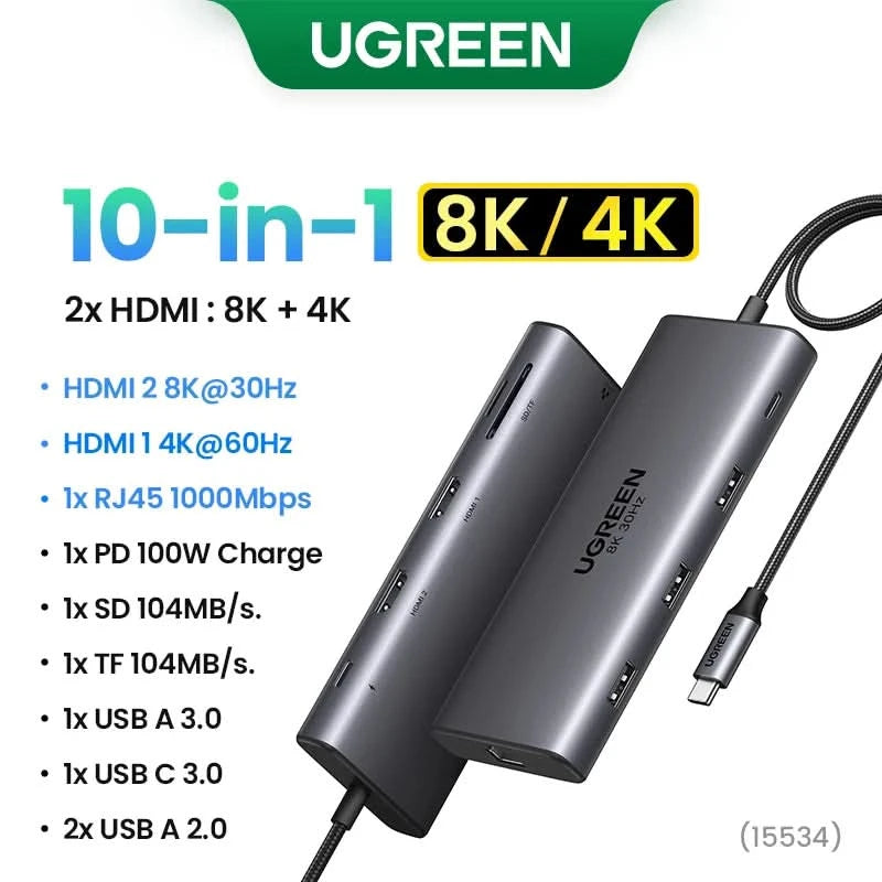 UGREEN Dual HDMI USB-C HUB 8K 4K HDMI Adapter 10-in-1 Splitter mit RJ45 USB3.0 PD 100W Dock für MacBook Pro Air Laptop USB HUB