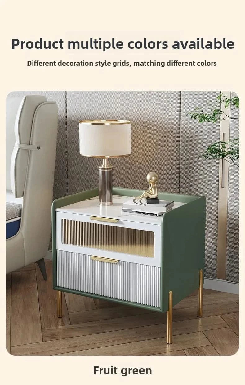 Bedside Table,Modern Light Luxury, Solid Wood Italian Simple Storage, Ultra-narrow Bed Leather Smart Side Cabinet Bedroom