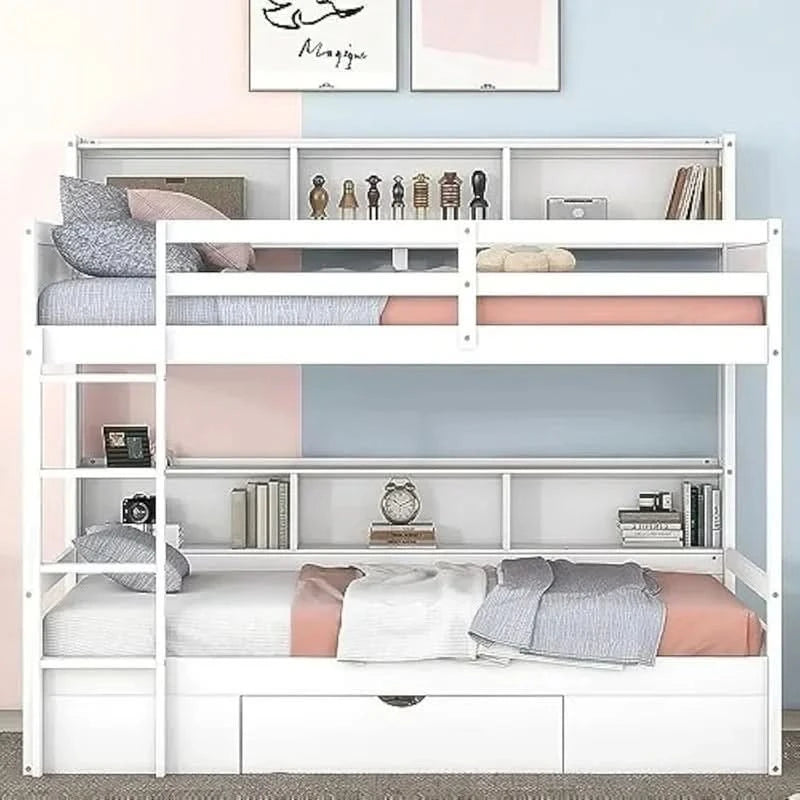 Twin over Twin Bunk Bed with Storage Drawer, Solid Wood Construction, Built-in Shelves on Each Side