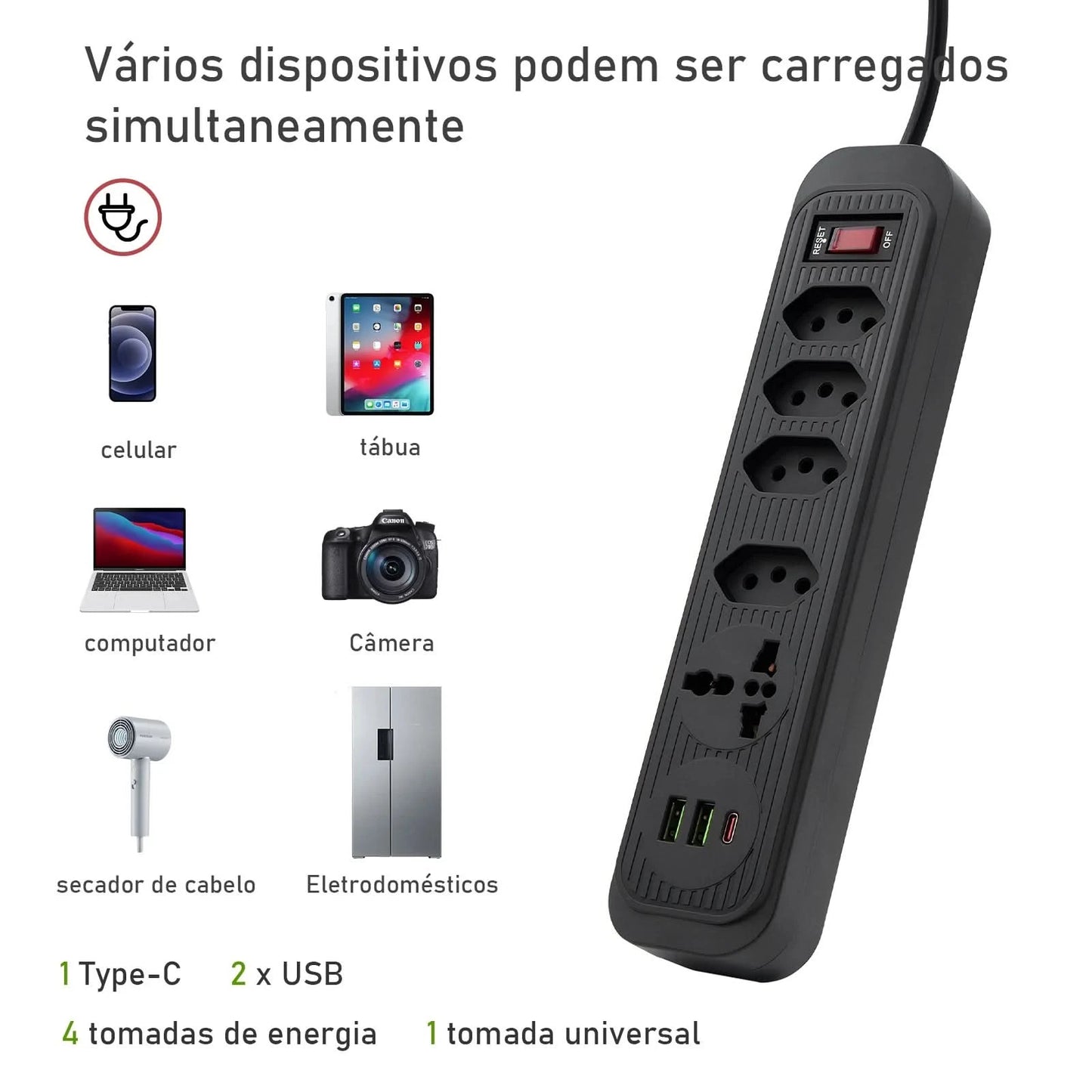 4-fach Verlängerungskabel mit 3 USB-Anschlüssen, weiß, bivolt, 2 Meter, Schwarz, Verlängerungskabel, unterstützt 110-220V Spannung, 2500W Leistung
