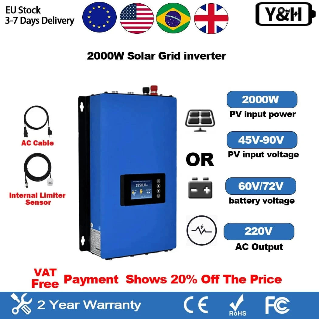 Y&H 2000W Solar Grid Micro Inverter Battery Discharge Power Mode With Limiter Sensor PV DC 45-90V AC 220V MPPT Solar Converter