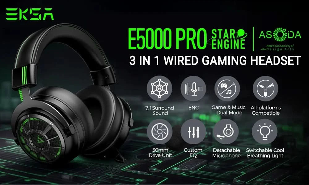 EKSA StarEngine Pro Gaming Headset Gamer 7.1 kabelgebundenes Over-Ear-Headset mit ENC-Mikrofon und Geräuschunterdrückung für PC/PS4/PS5/Xbox