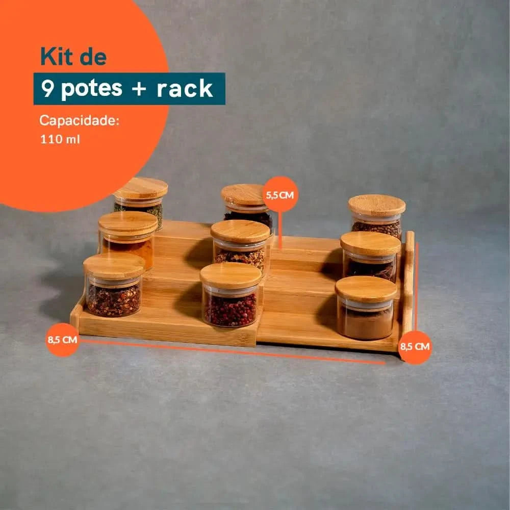 110ml 9 Pots Airtight Kit with Bamboo Lid and Bamboo Organizer Rack-Oikos
