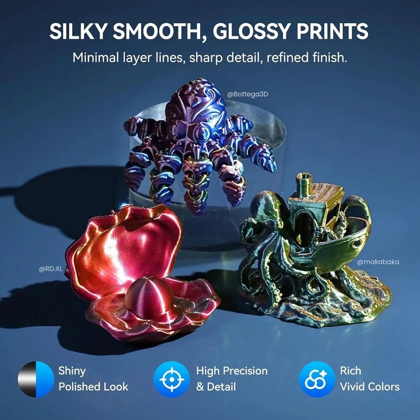 JAYO 3D Multicolor 4-Farben Seiden-PLA+-Filament-Bündel Seiden-PLA+-3D-Drucker-Filament 1,75 mm +/- 0,02 mm Glänzende Seidenstruktur 2 Rollen