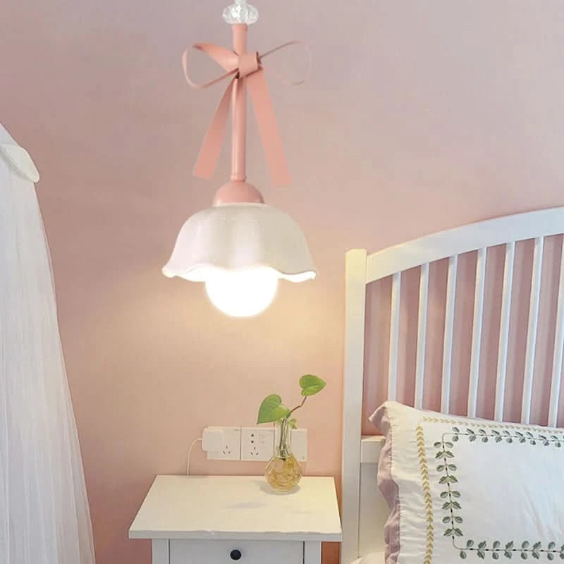 Romatic Princess Room Girl LED Pendant Lamp For Bedroom Lighting Ceramic Glass Sconces Pink Bowknot Ceiling Suspended Light