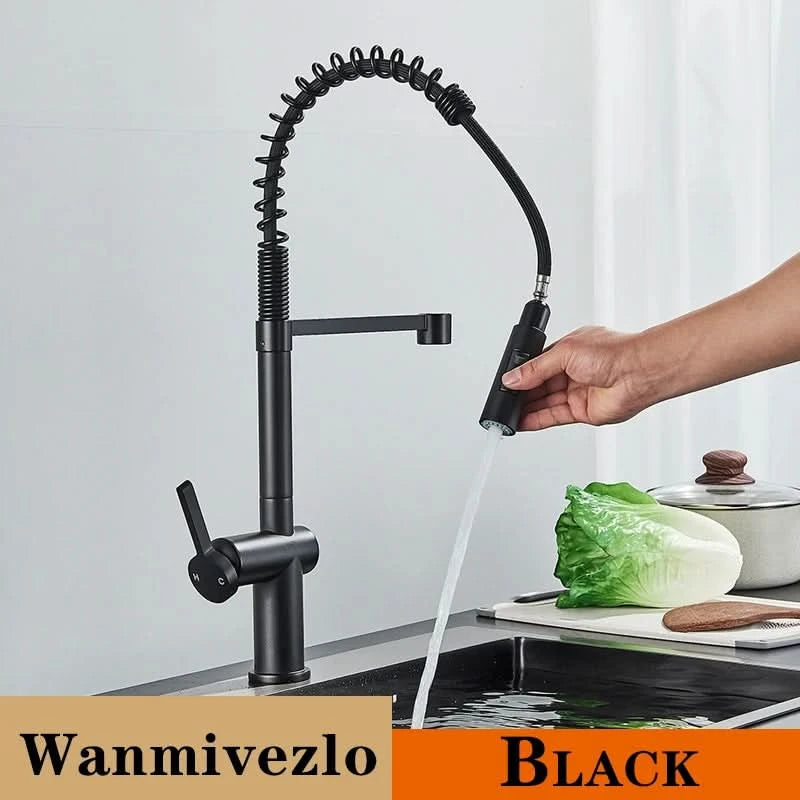 Küchenarmatur aus gebürstetem Nickel mit Ausziehbrause, Heiß- und Kaltwasserhahn, Messing, drehbar, Küchenmischbatterie, Wasserhahn