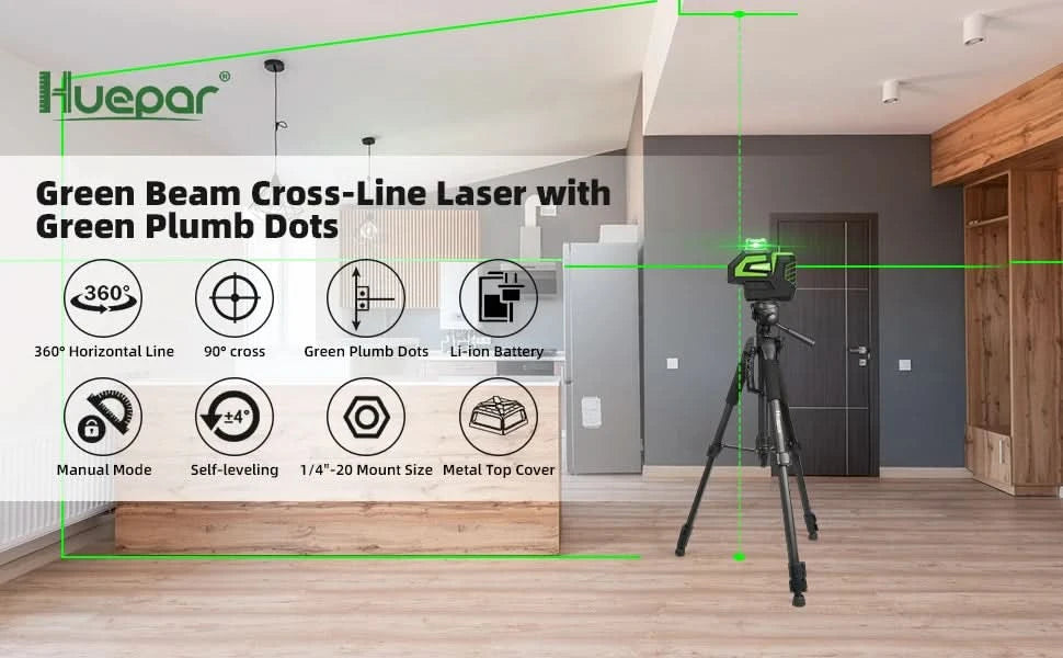 Huepar 7211CG Green Laser Level Self-Leveling Cross Line 2 Plumb Dots Li-ion Battery 360° Horizontal Line Fan Angle Laser Tool