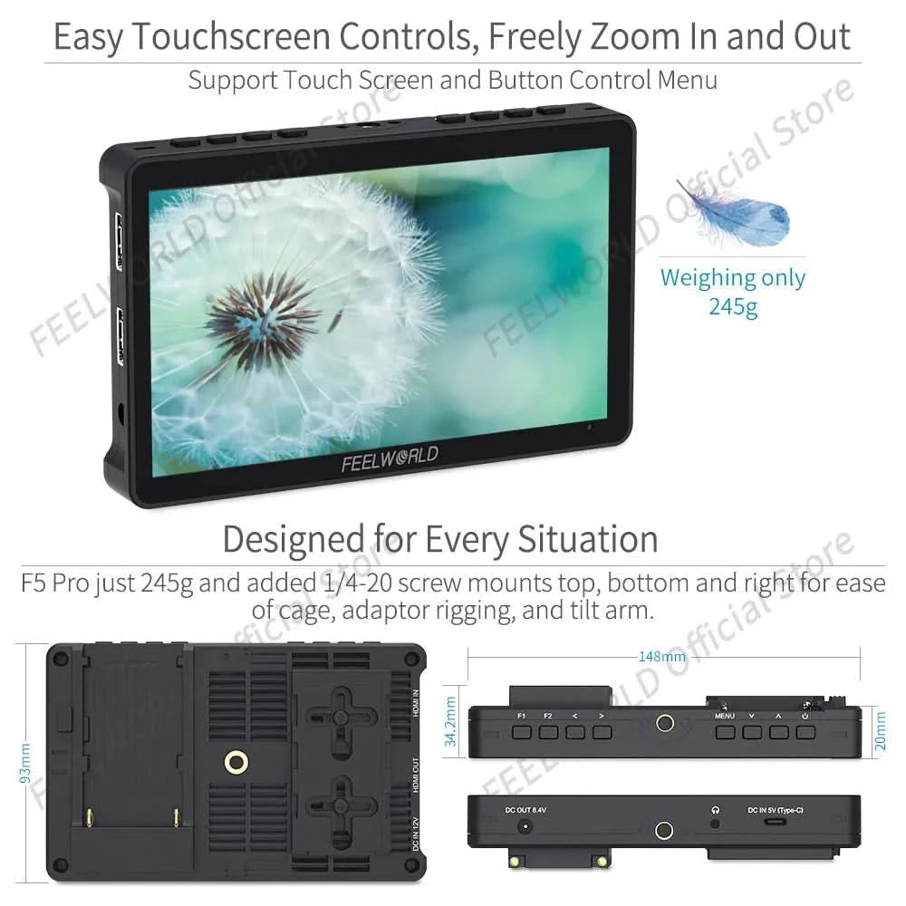 FEELWORLD F5 Pro V4 6 Zoll DSLR-Kamera-Feldmonitor Touchscreen 3D LUT FHD1920 1080 4K HDMI Video Fokusassistent für Gimbal